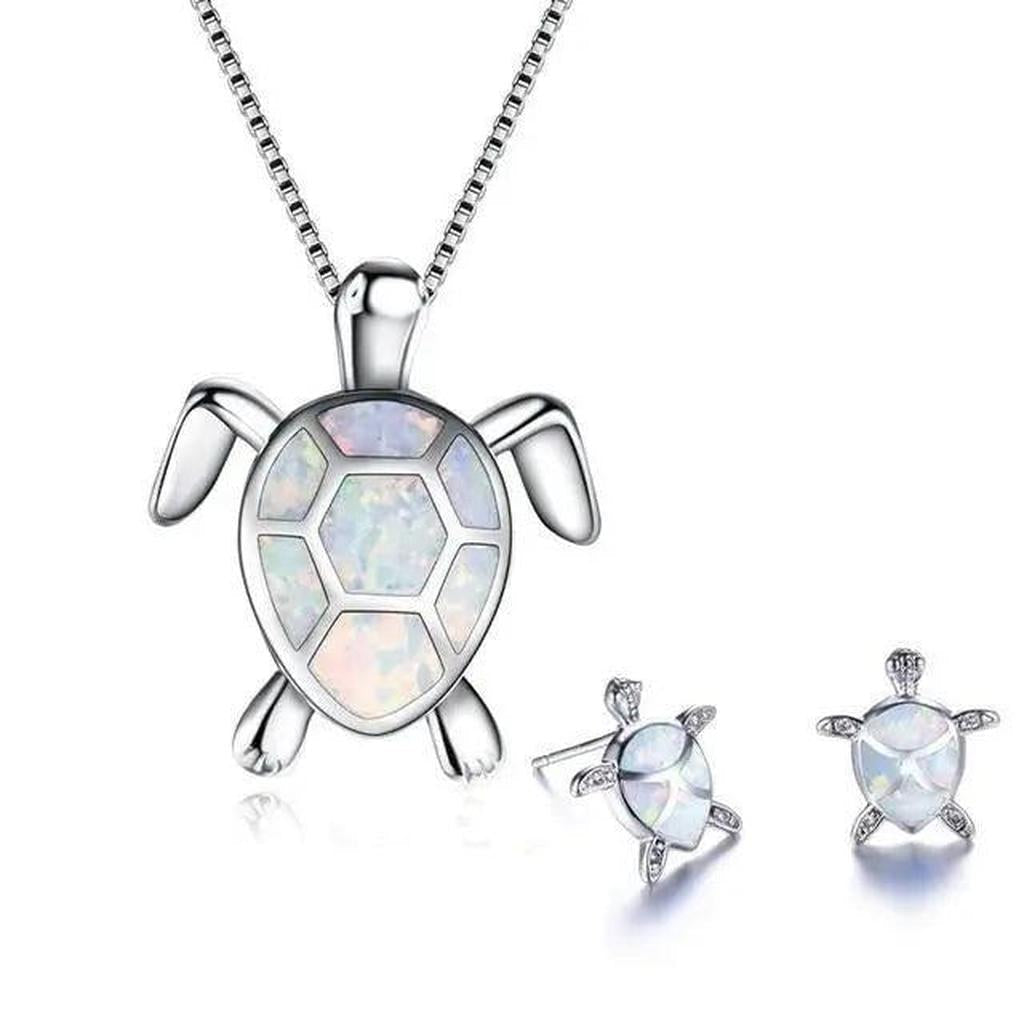 Parure tortue marine — Collier et boucles d’oreilles effet opale