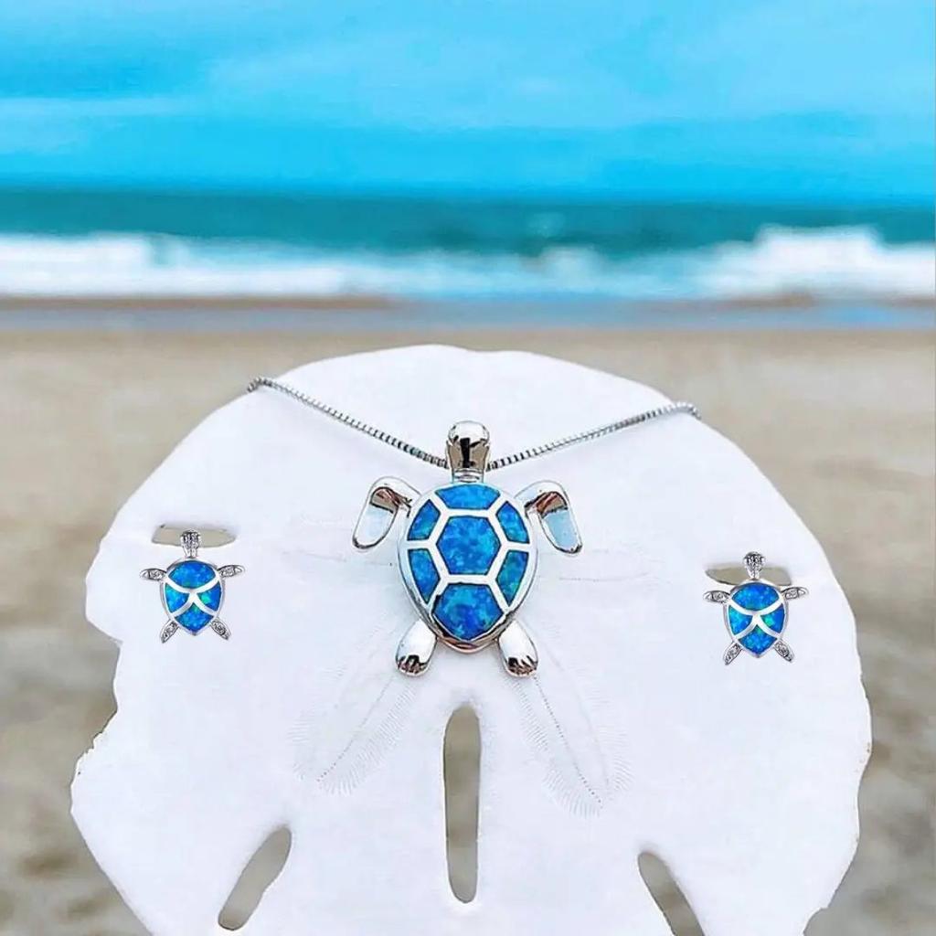 Parure tortue marine — Collier et boucles d’oreilles effet opale