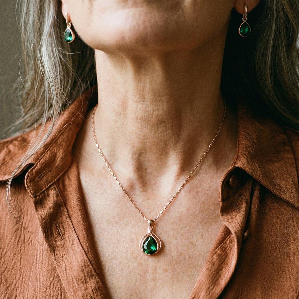Parure dorée — Collier et boucles d’oreilles au cristal vert