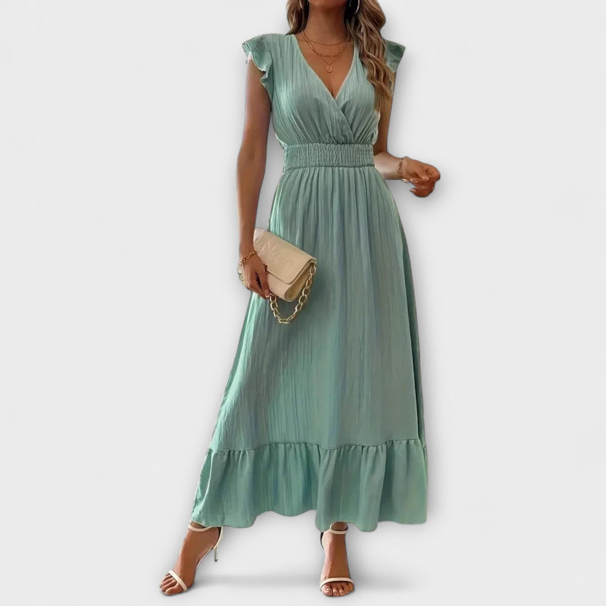 Poet - Robe Longue Verte à Volants et Col V