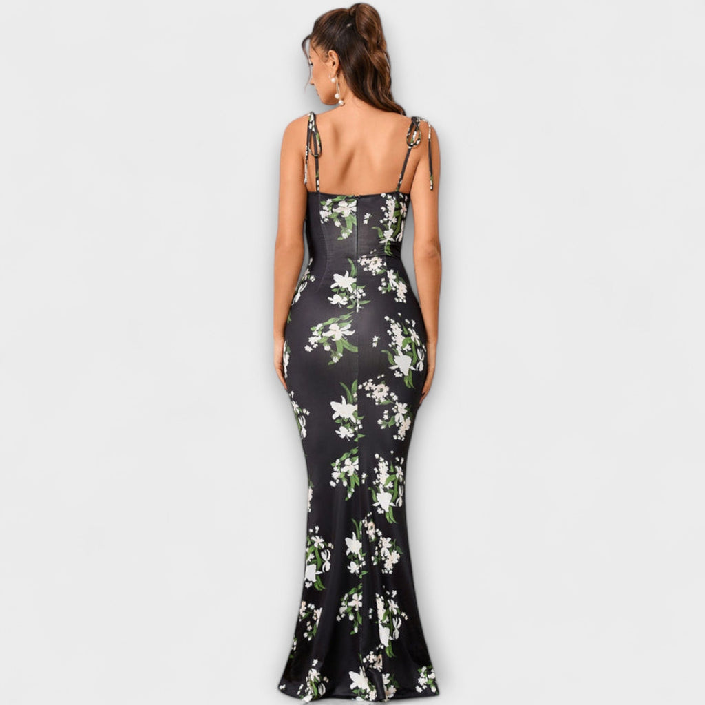 Thalia - Robe Longue Vert Foncé à Motif Floral