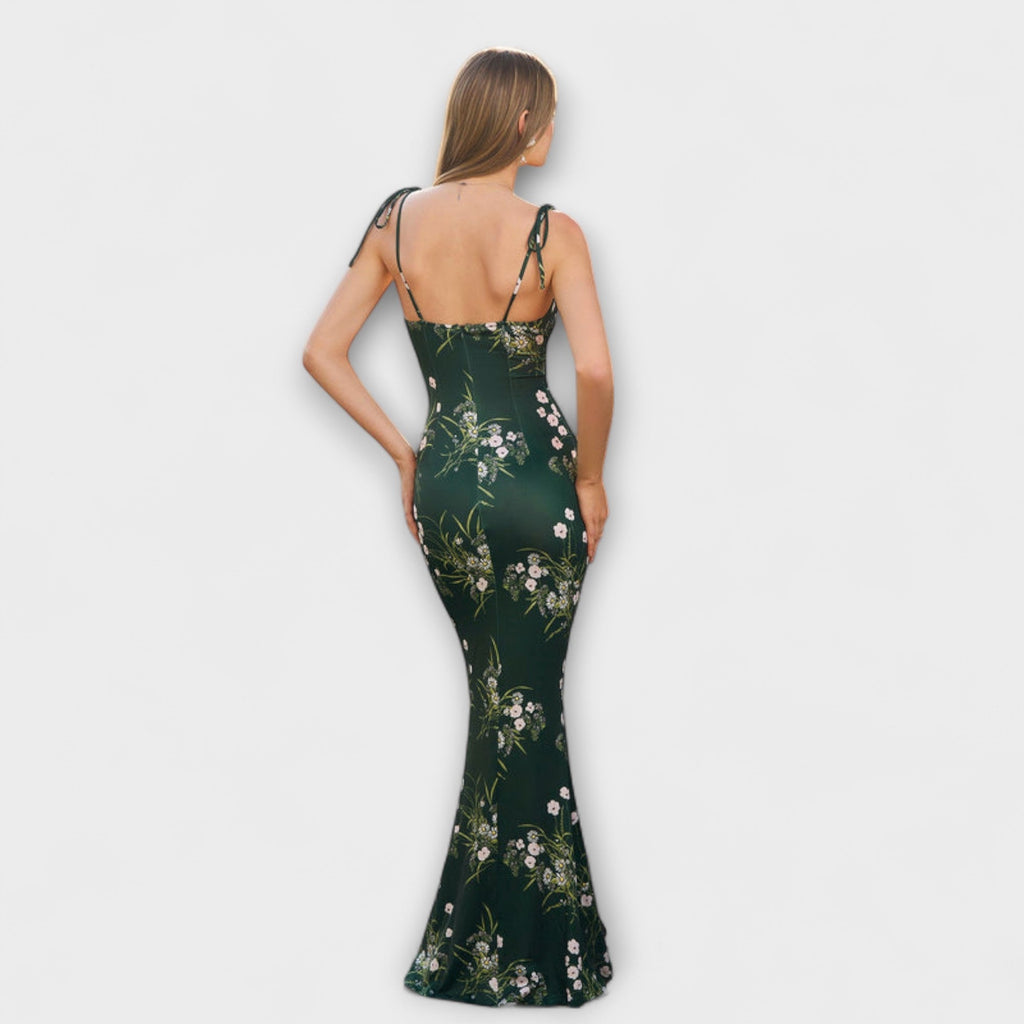 Thalia - Robe Longue Vert Foncé à Motif Floral
