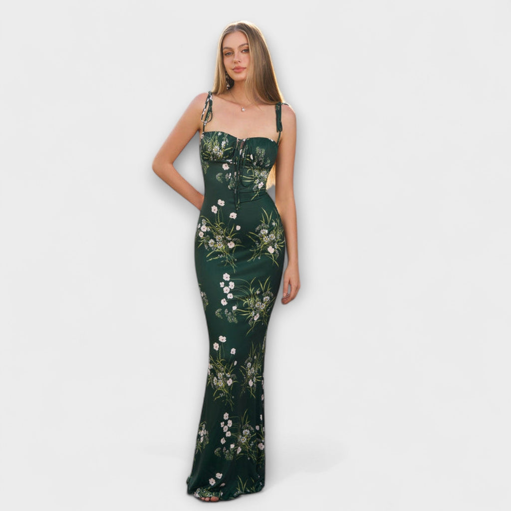 Thalia - Robe Longue Vert Foncé à Motif Floral