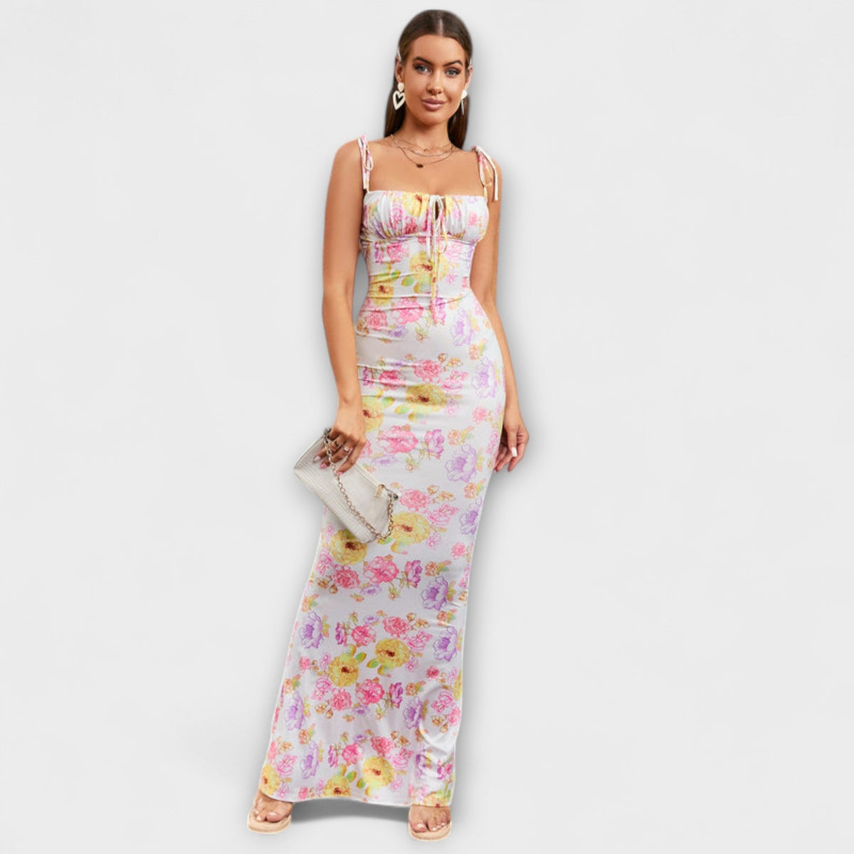 Thalia - Robe Longue Vert Foncé à Motif Floral