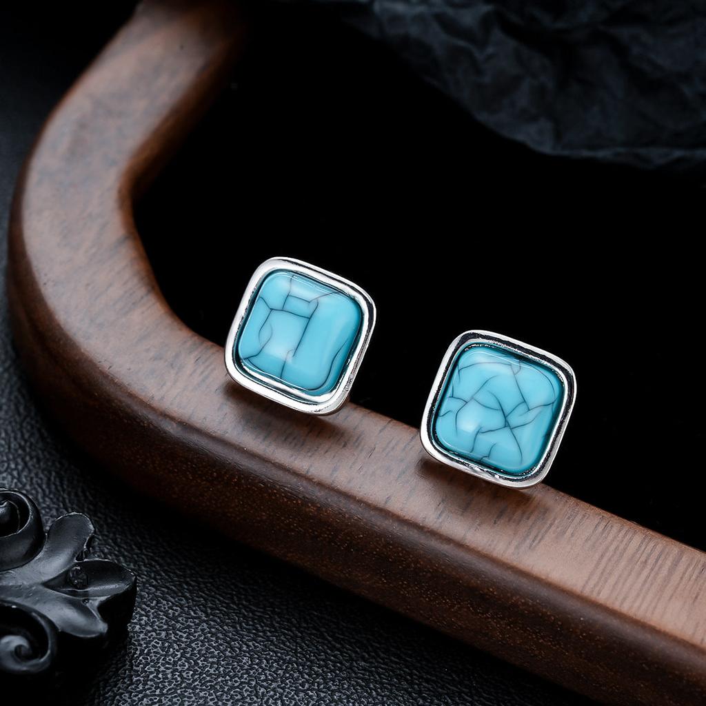 Puces d’oreilles carrées turquoise | Or blanc