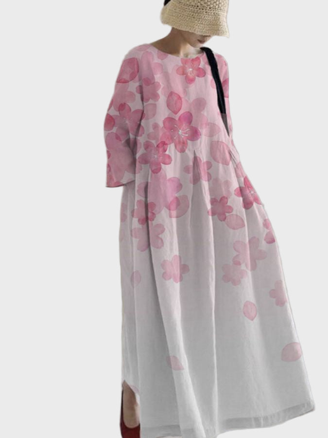 Robe Longue Blanche à Fleurs Roses