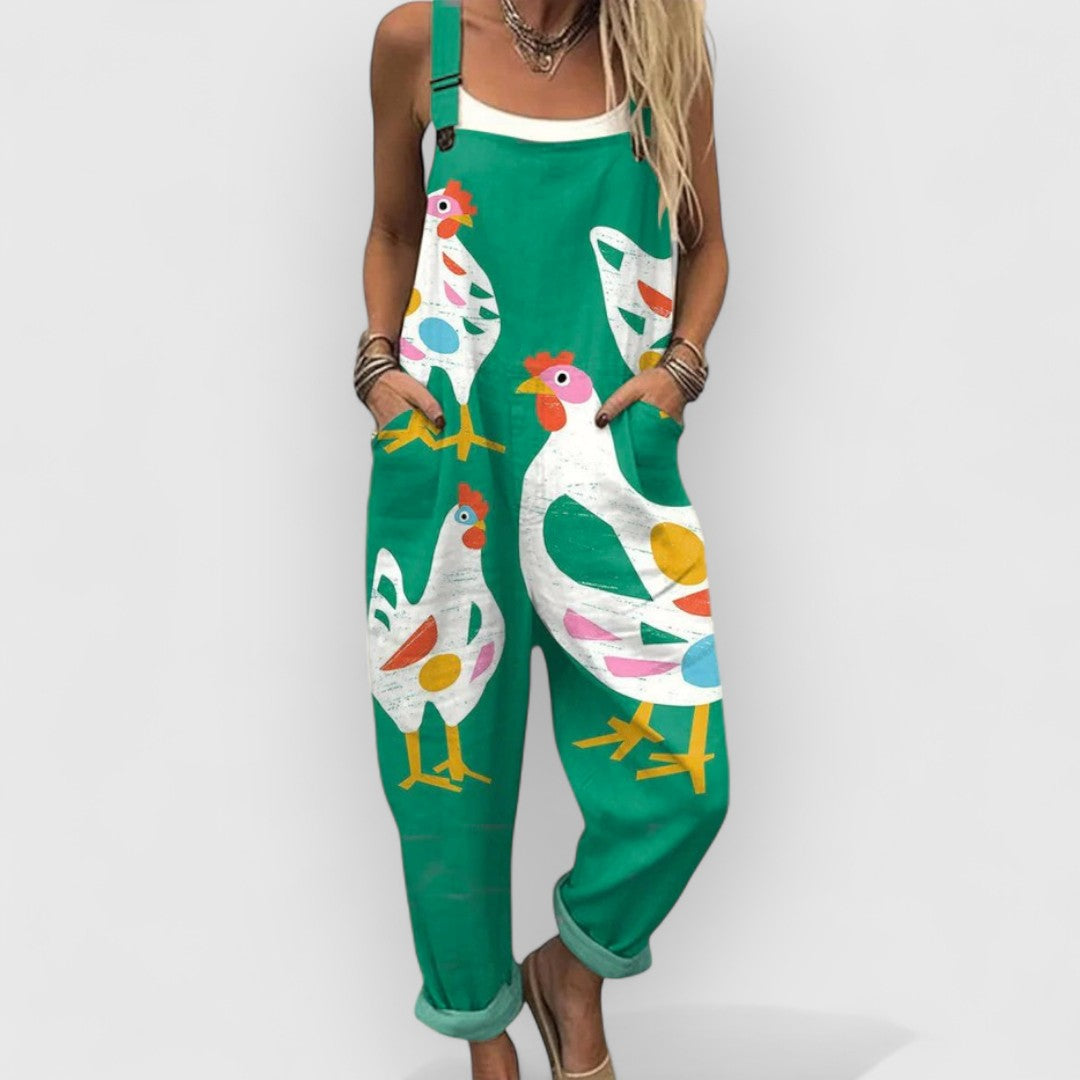 Ésmée - Salopette Verte à Motif Poules