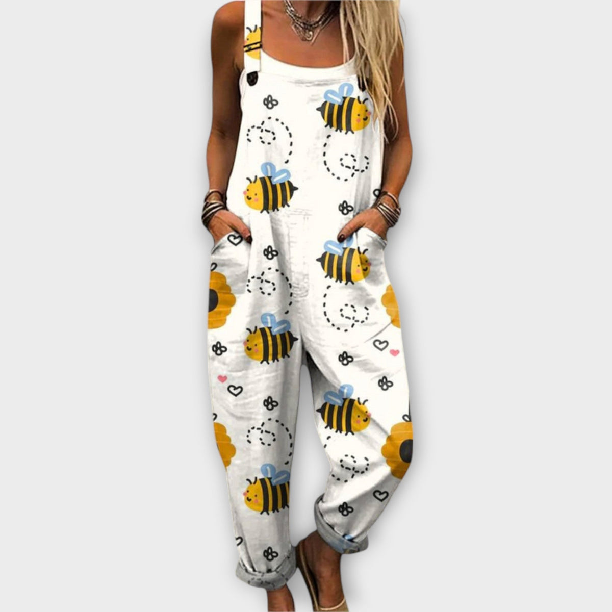 Marlene - Salopette Blanche à Motif Abeilles
