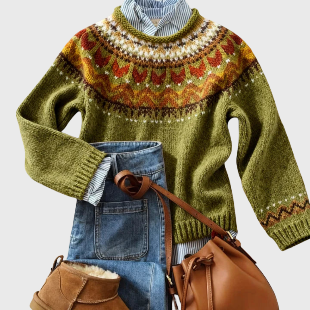 Ardena | Pull Vintage Vert Olive à Motif Norvégien