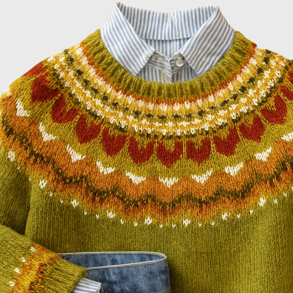 Ardena | Pull Vintage Vert Olive à Motif Norvégien