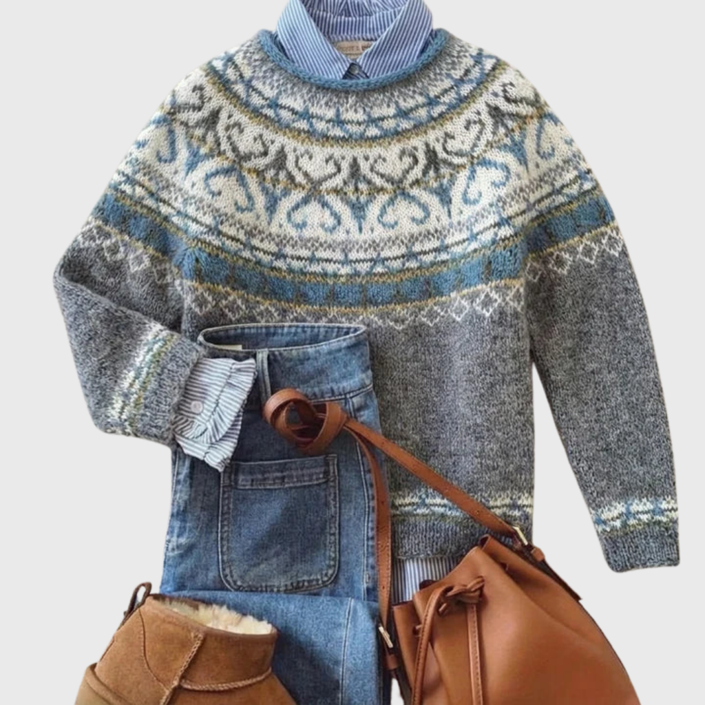 Lux | Pull Vintage Gris Clair à Motif Norvégien