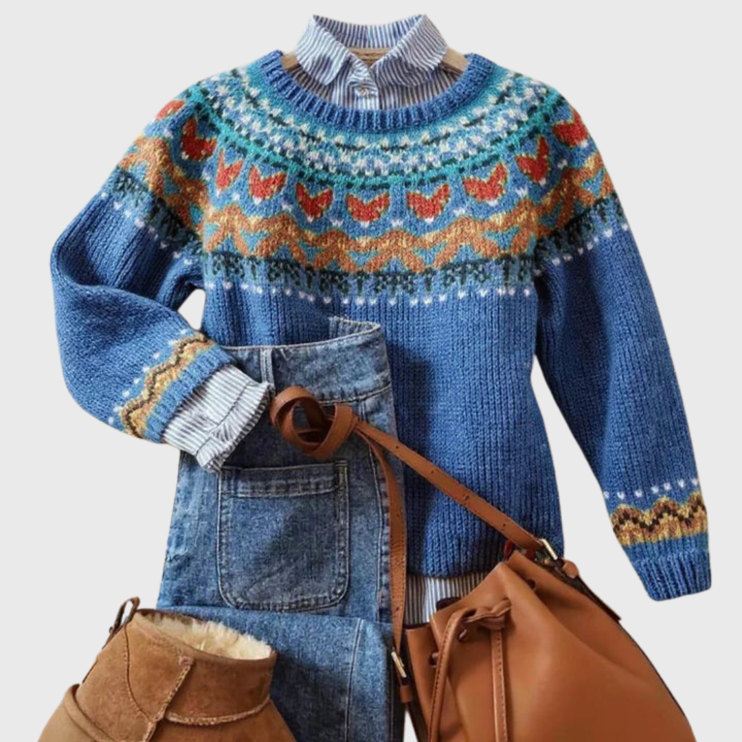 Velve | Pull Vintage Bleu à Motif Norvégien