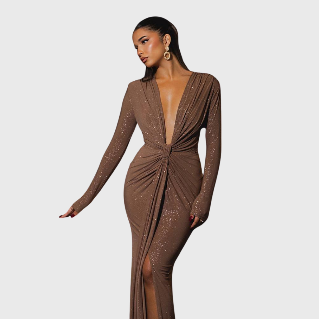 Thea - Robe Longue Marron à Col V Profond