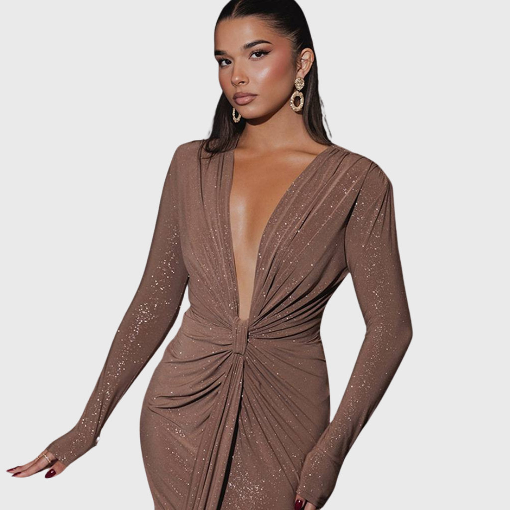 Thea - Robe Longue Marron à Col V Profond