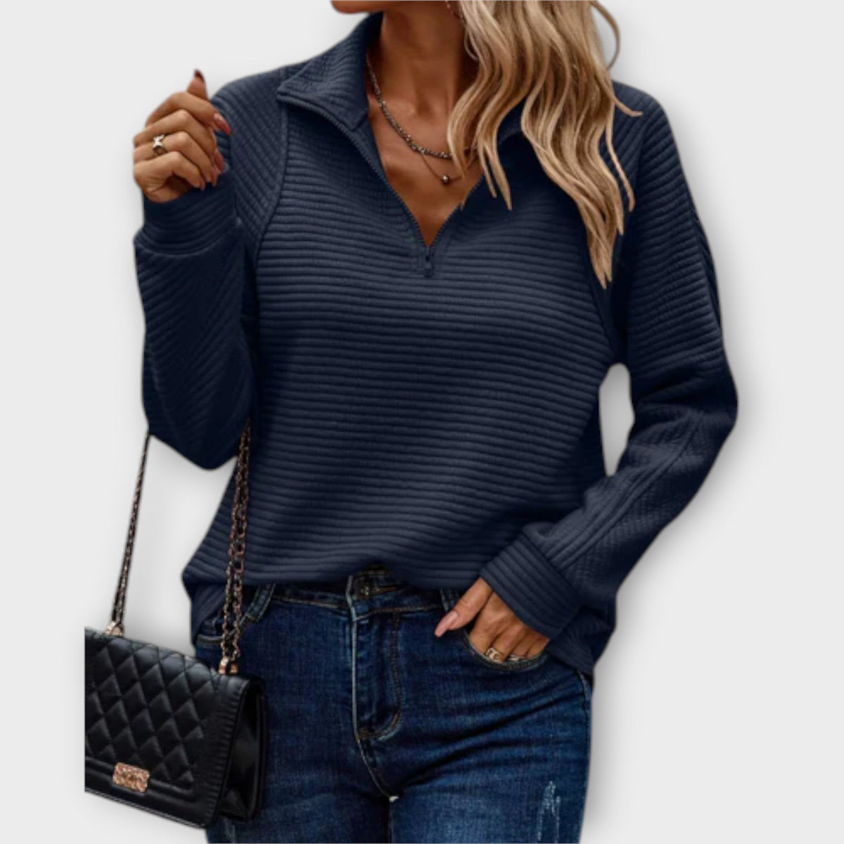 Vilja - Pull Rose Demi-Zip à Motif Côtelé