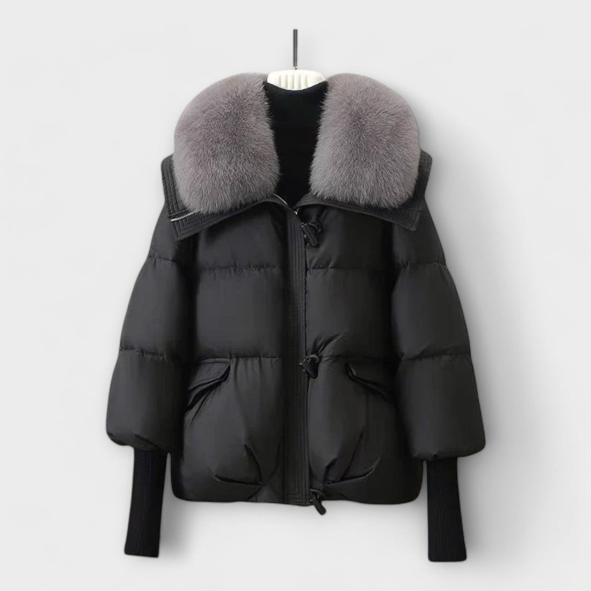 Lucyna - Veste Élégante Noire à Col Fourrure