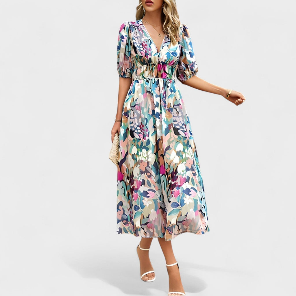 Clara - Robe Midi Bleue à Motif Floral