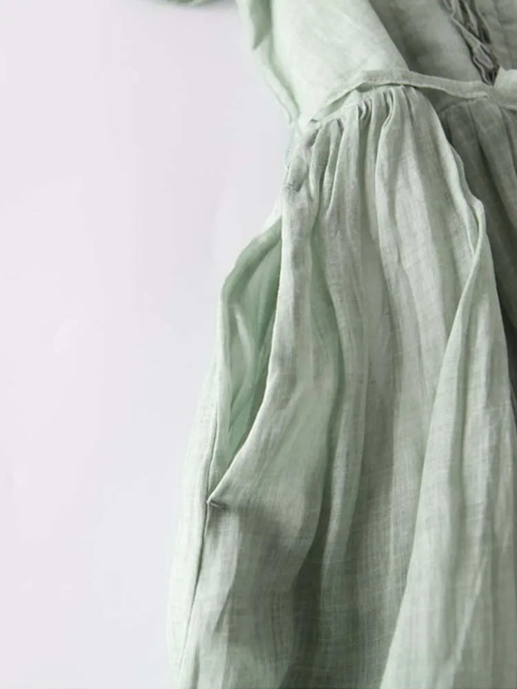Robe Longue en Lin à Bretelles Vert Sauge