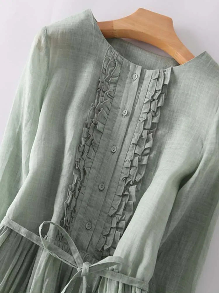 Robe Longue en Lin à Bretelles Vert Sauge