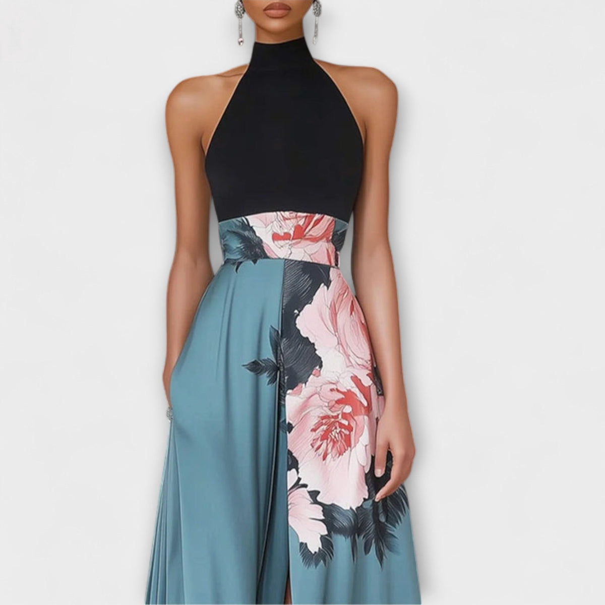 Natalie - Robe Longue Bleue à Haut Fleuri