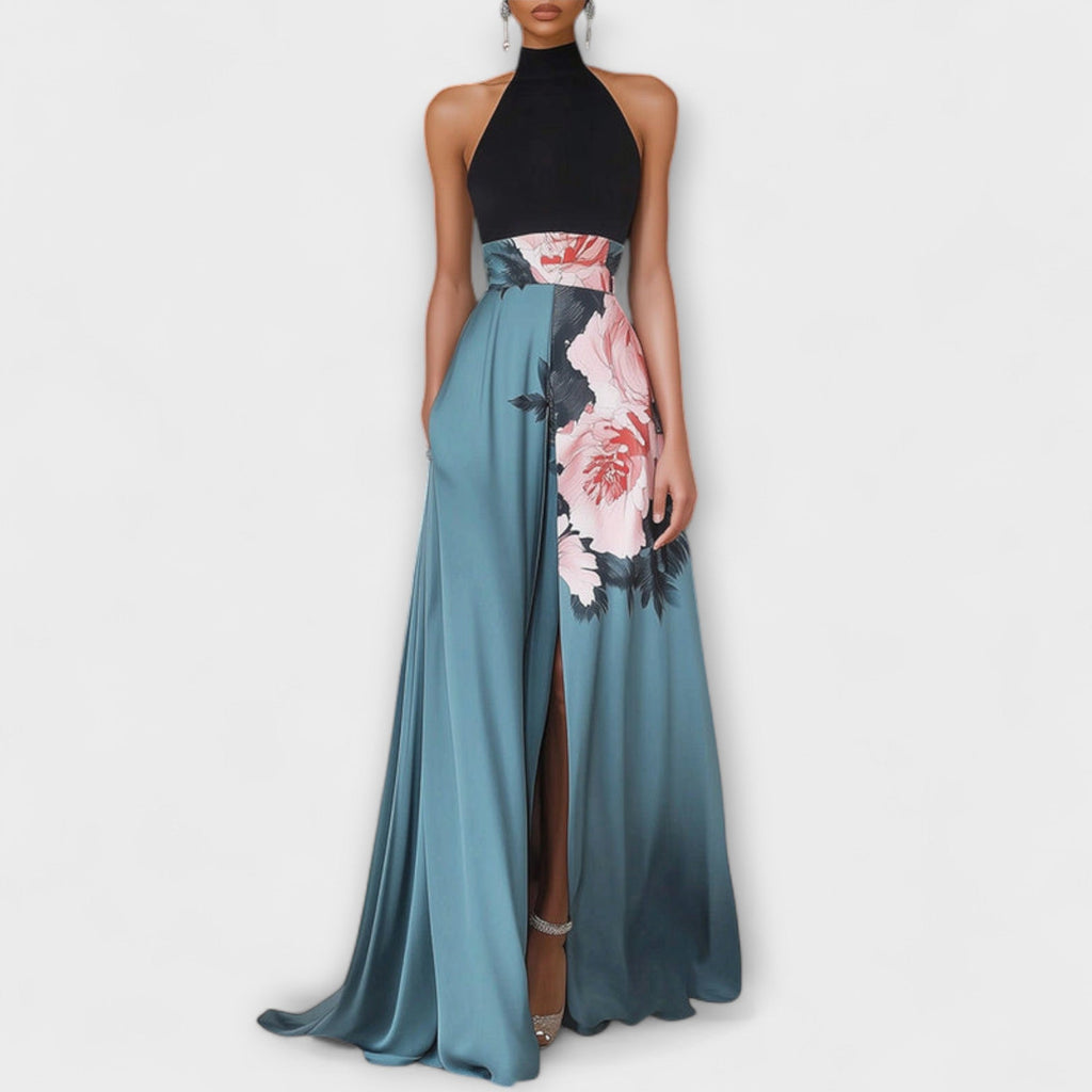 Natalie - Robe Longue Bleue à Haut Fleuri
