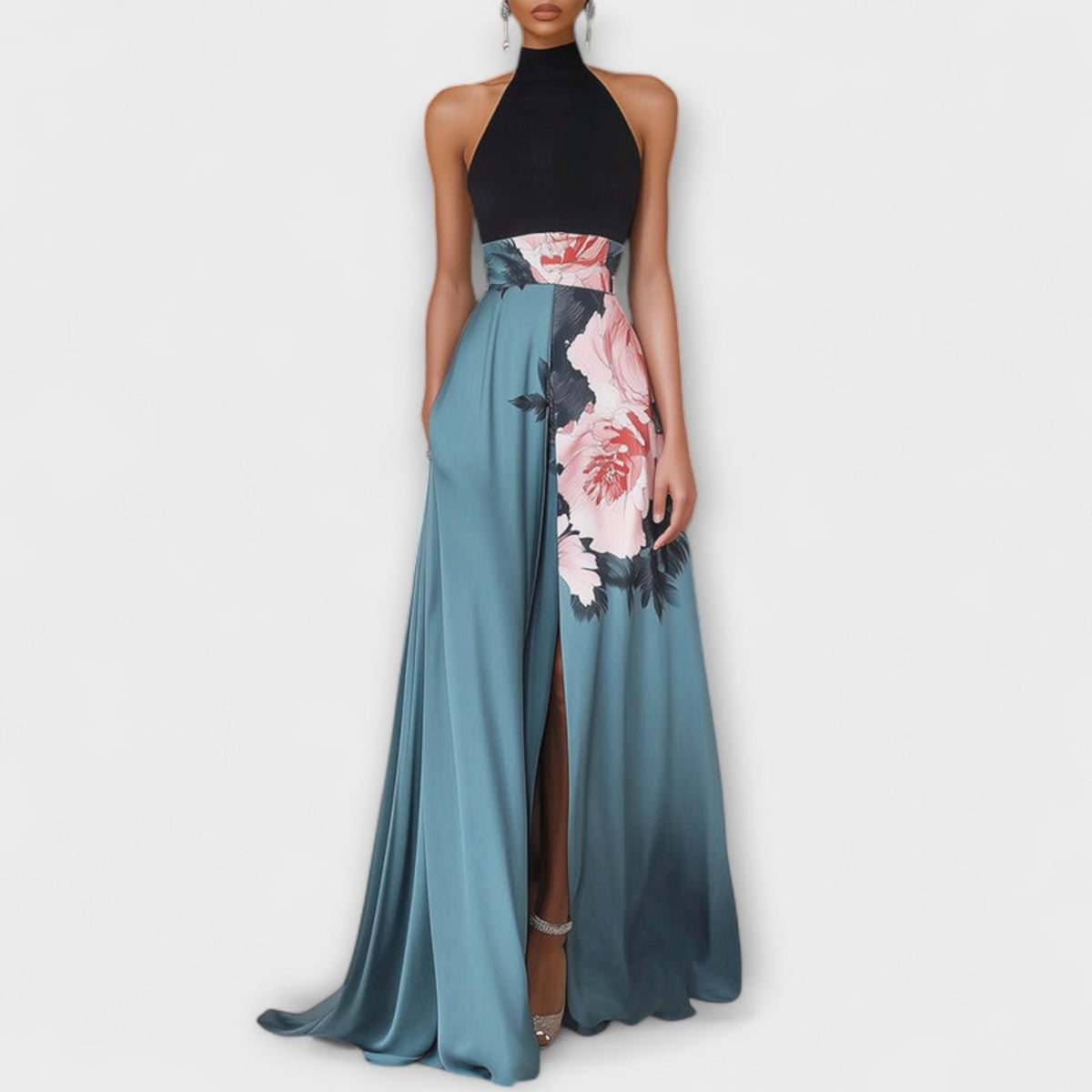 Natalie - Robe Longue Bleue à Haut Fleuri