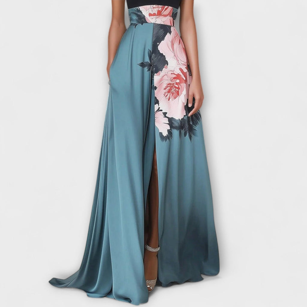 Natalie - Robe Longue Bleue à Haut Fleuri