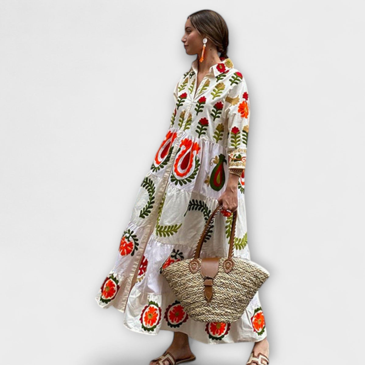 Diona - Robe Longue Blanche à Motif Floral