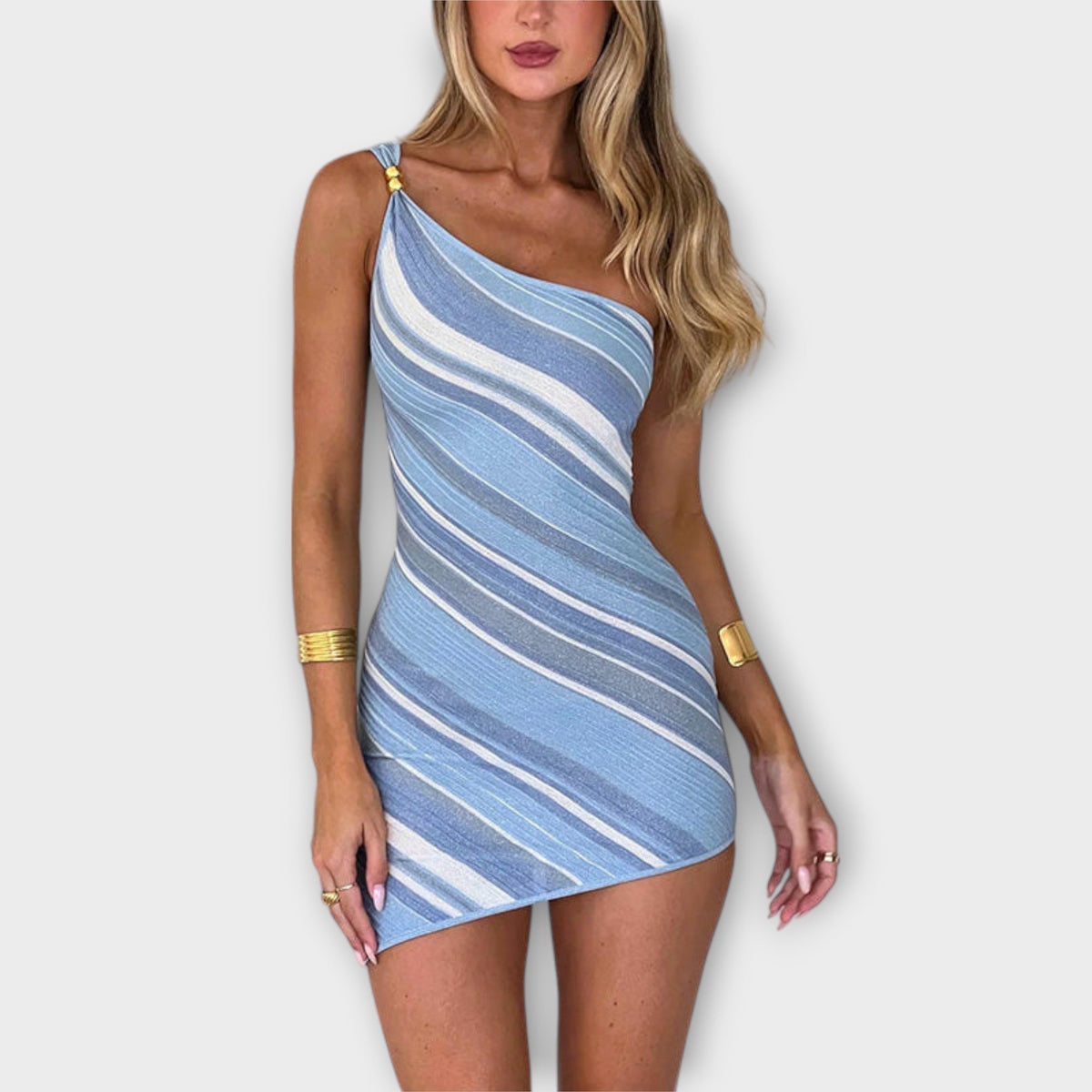 Kira - Robe Tricotée Bleue Une Épaule à Rayures