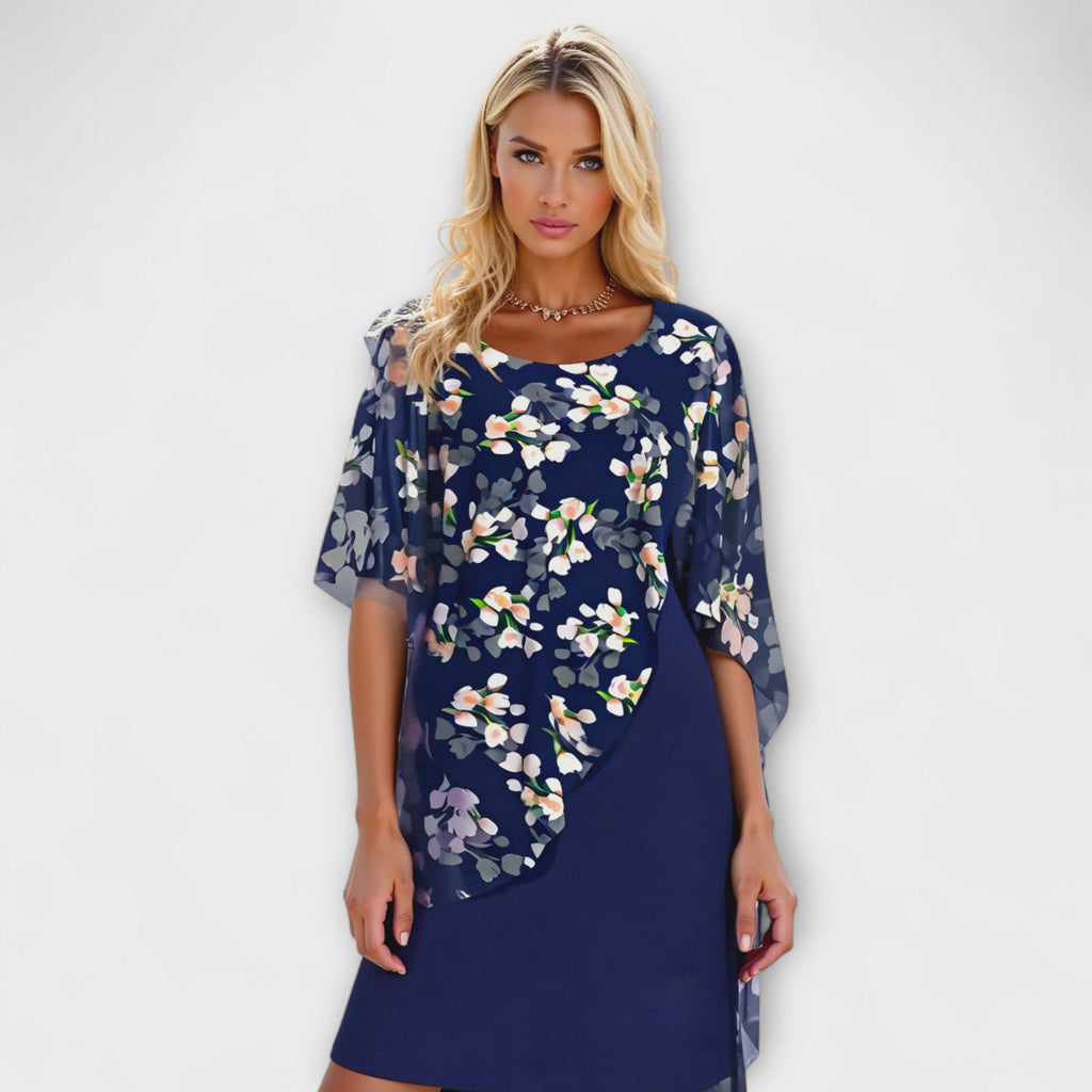 Lyanna - Robe en Mousseline Bleu Foncé à Motif Floral