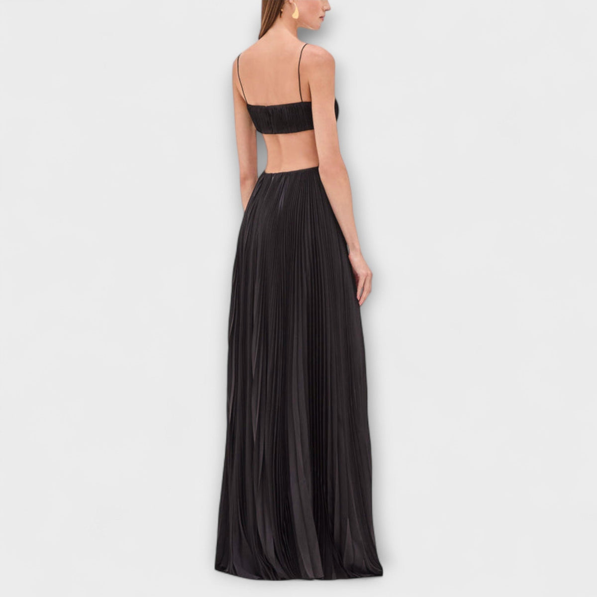 Mireille - Robe Longue Noire Plissée à Découpe