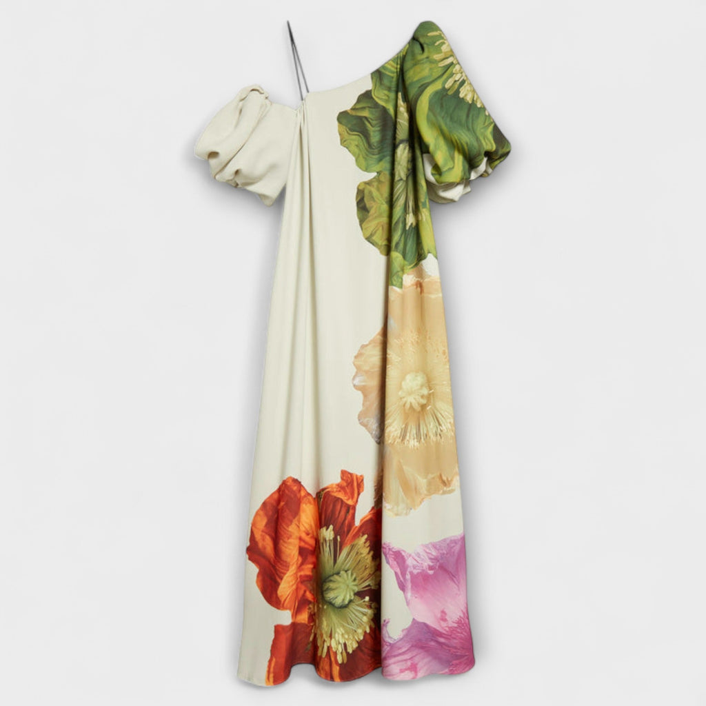 Melody - Robe Longue Blanche Épaules Dénudées à Motif Floral