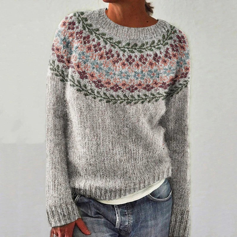 Inga | Pull Rétro Gris à Motif Floral