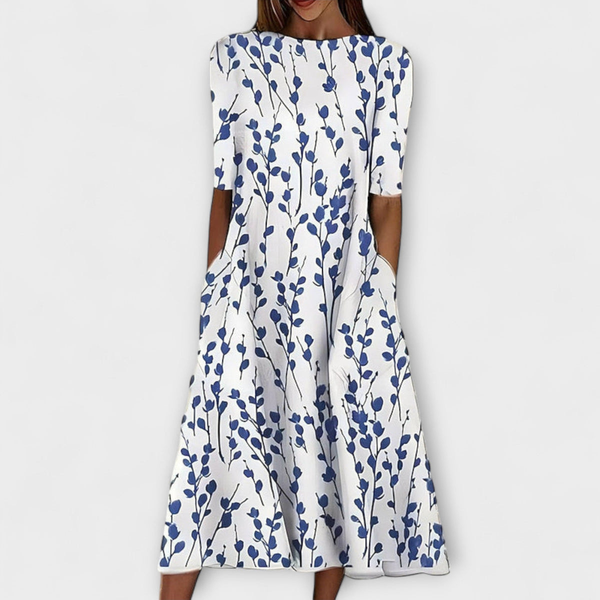 Adelina - Robe Blanche à Motif Floral Bleu