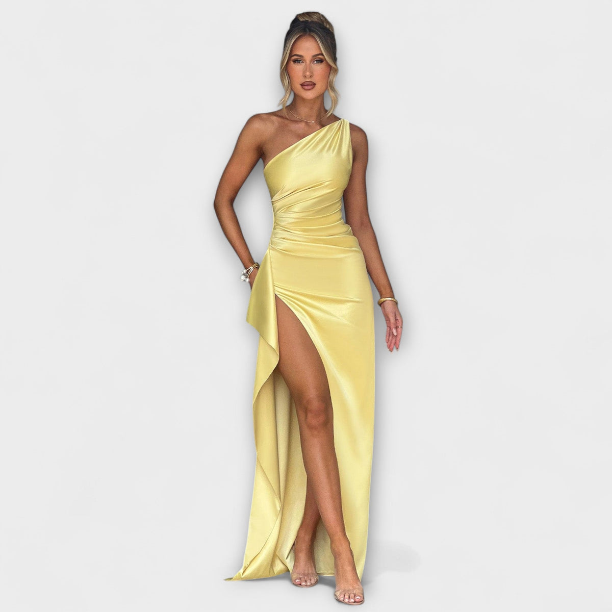 Robe Longue Une Épaule Rose en Satin