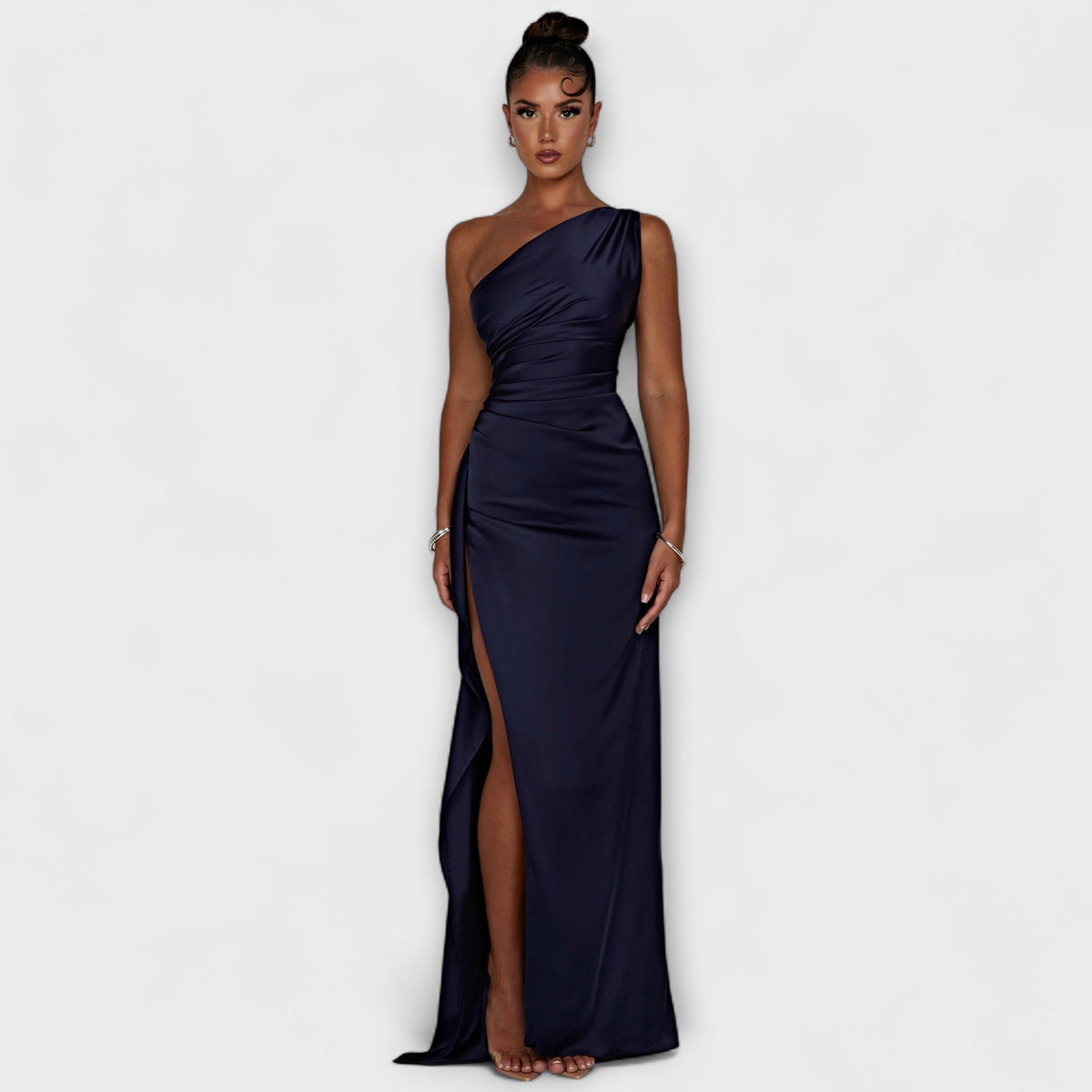 Robe Longue Une Épaule Rose en Satin