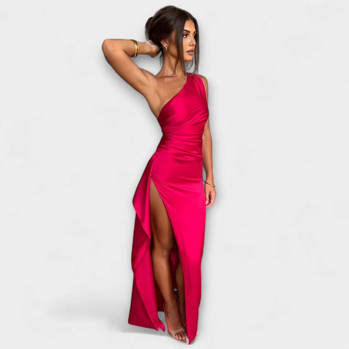 Robe Longue Une Épaule Rose en Satin