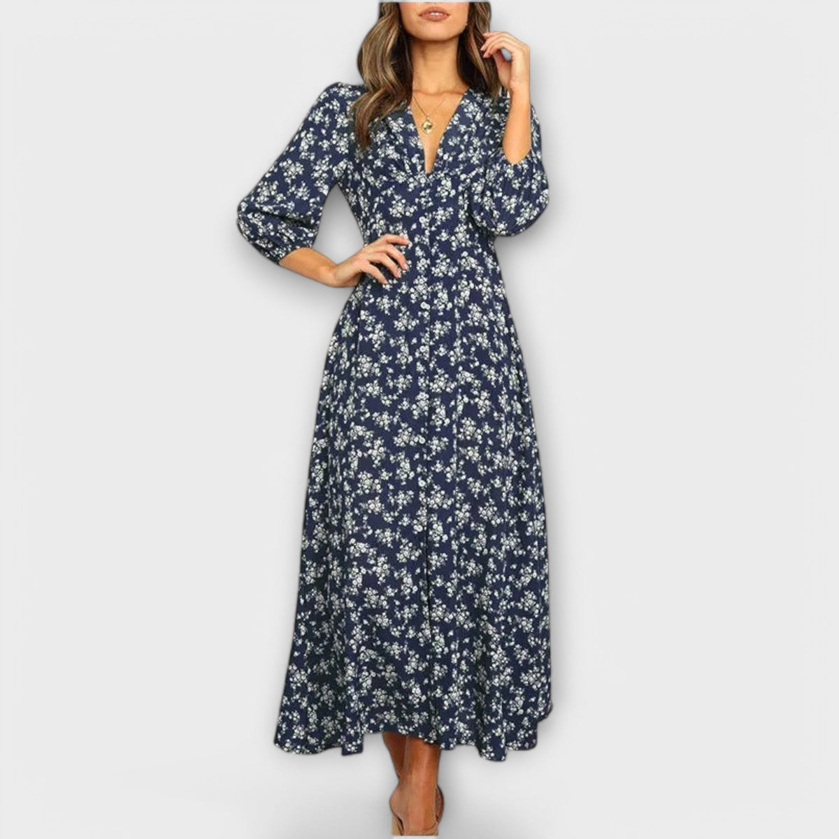 Robe Longue Bleue et Blanche à Motif Floral