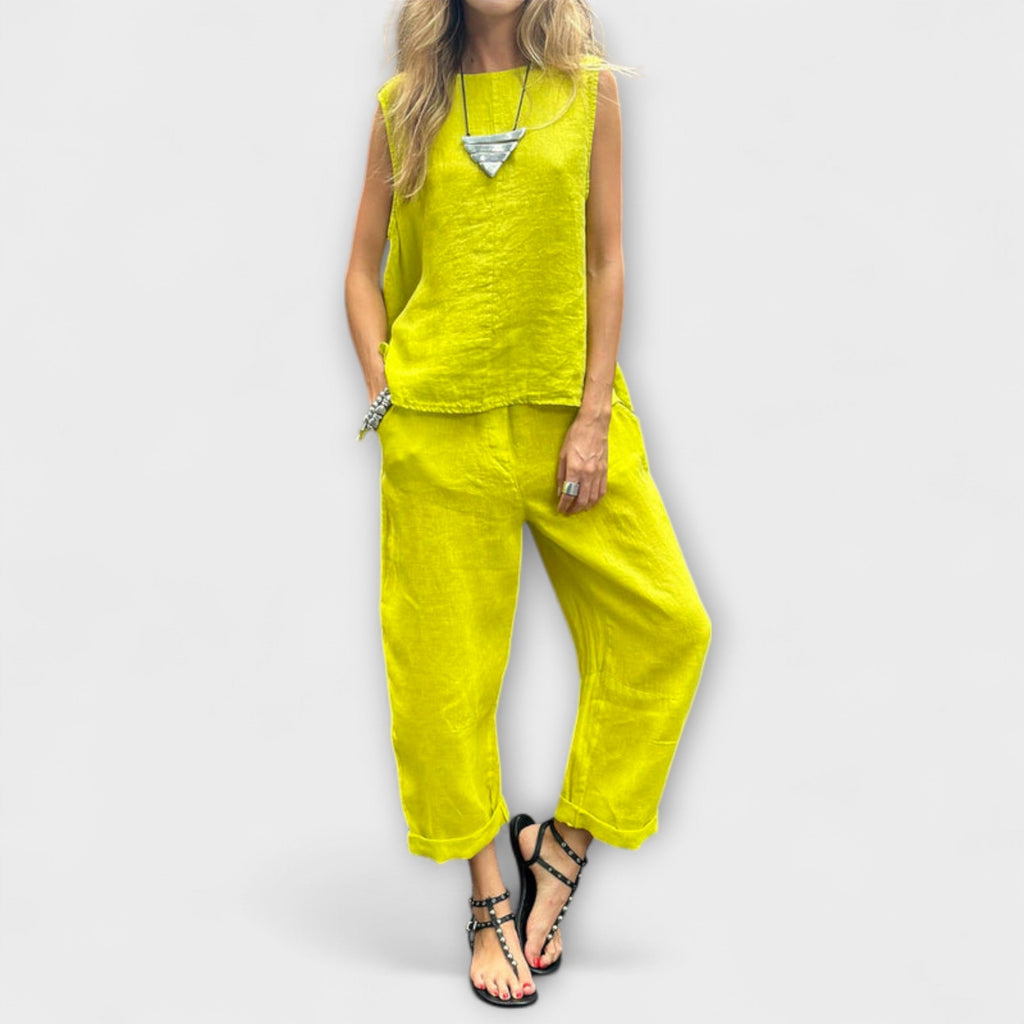 Jennifer - Ensemble en Lin Jaune avec Haut Sans Manches
