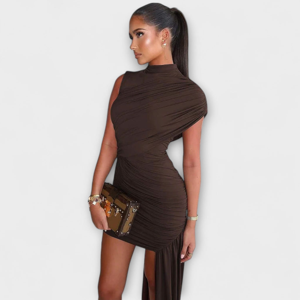 Lila - Robe Plissée Marron à Col Rond