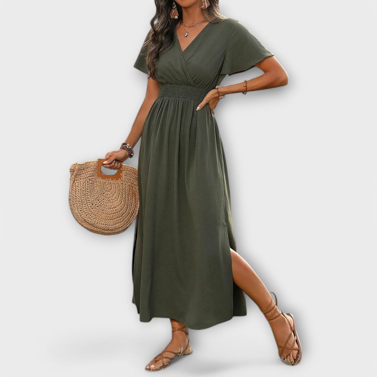 Heather - Robe Bohème Vert Olive à Fente