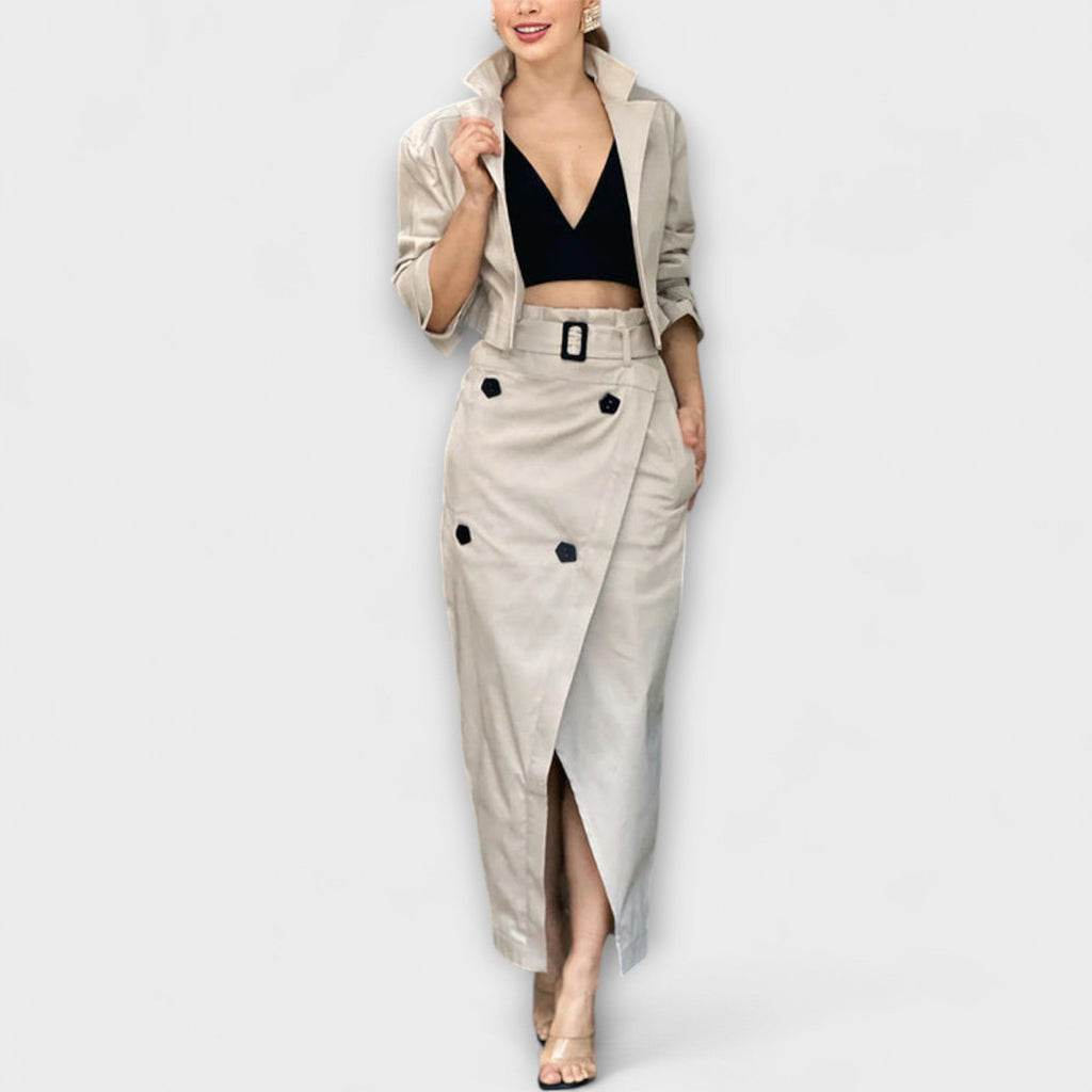 Lyra - Ensemble Beige avec Blazer et Jupe Midi