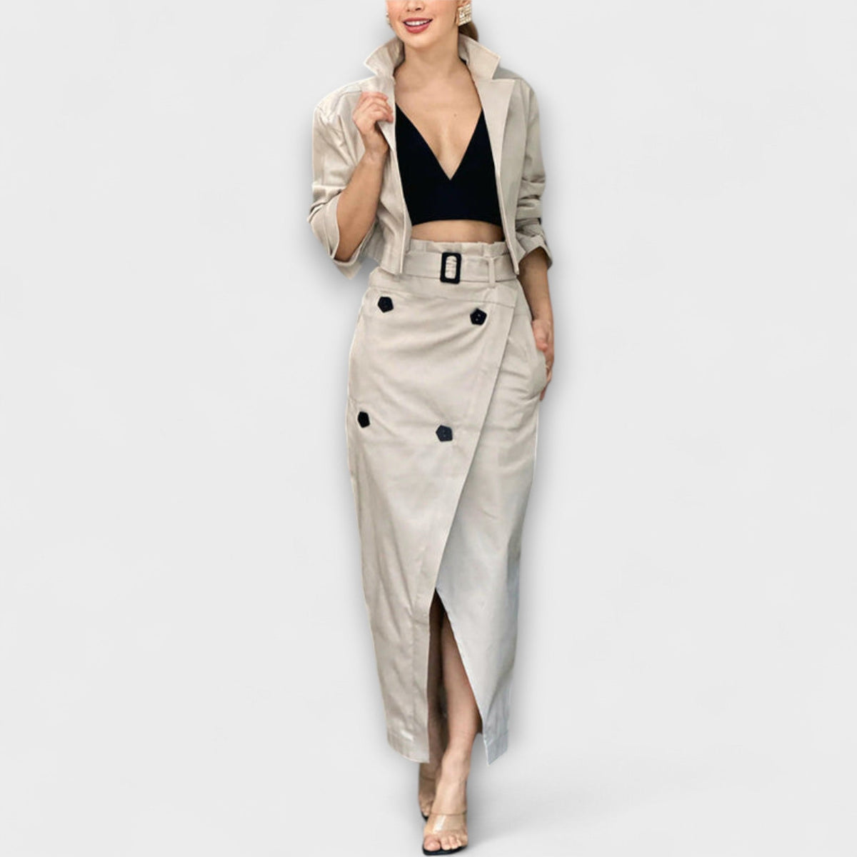 Lyra - Ensemble Beige avec Blazer et Jupe Midi
