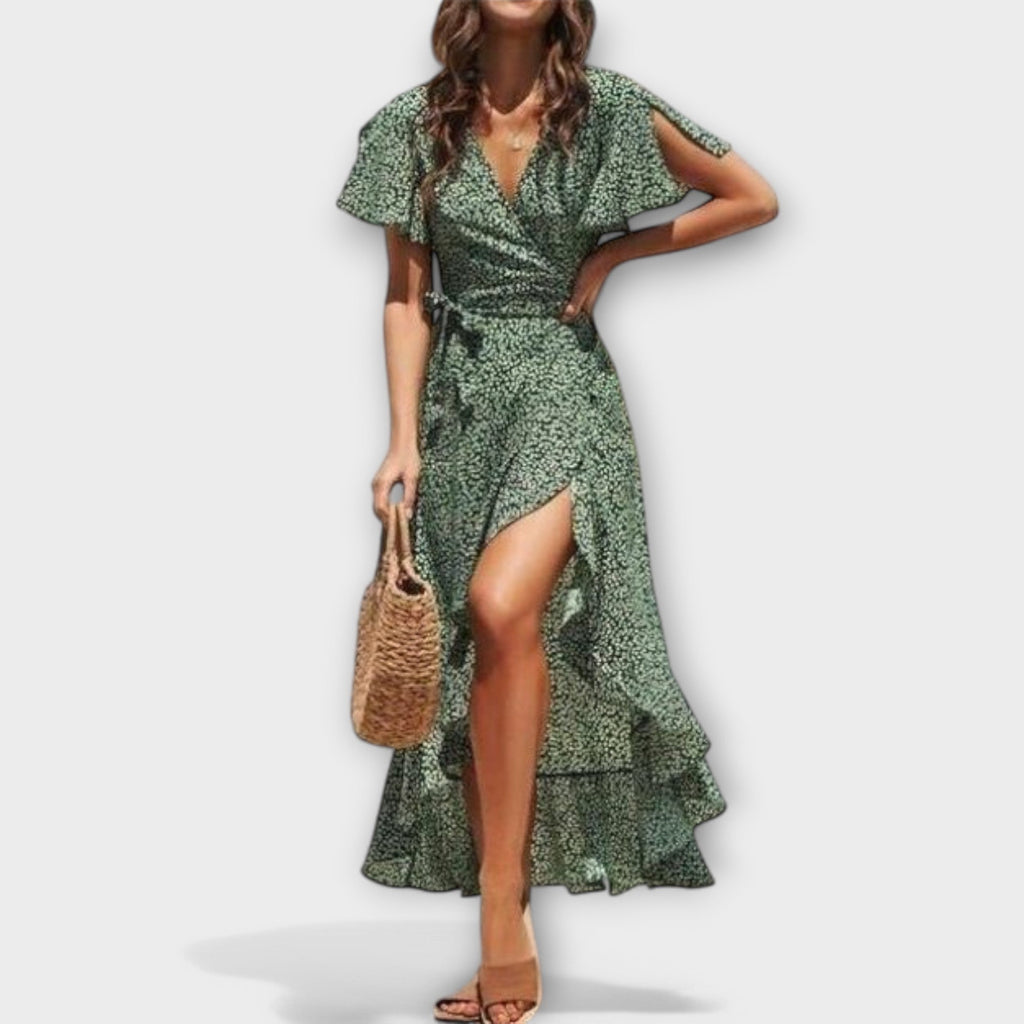 Didiane - Robe Longue Bohème Verte à Motif Floral