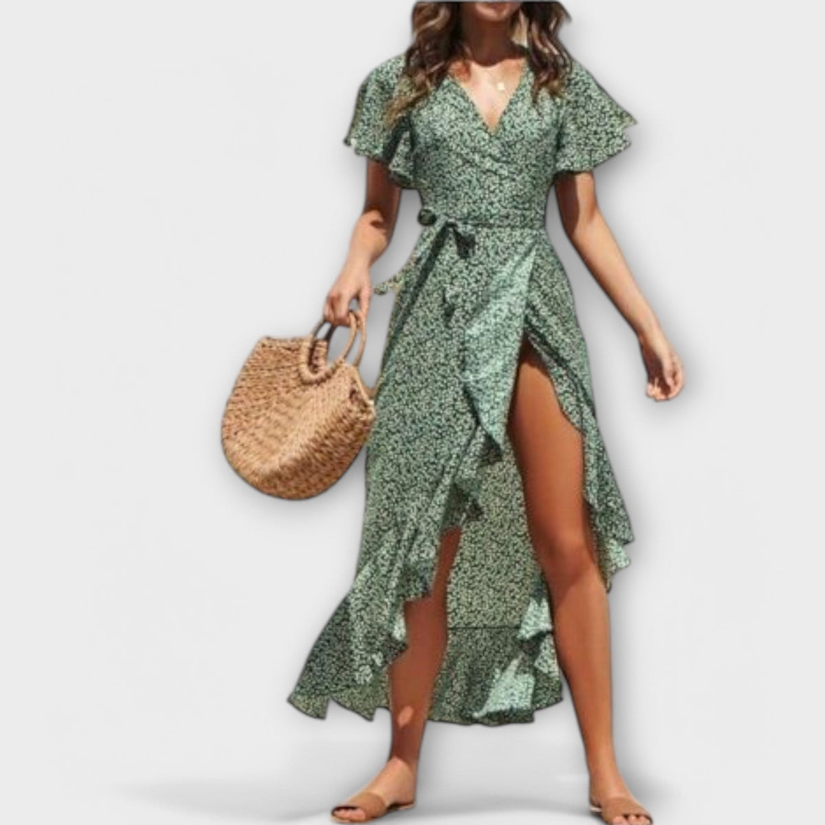 Didiane - Robe Longue Bohème Verte à Motif Floral