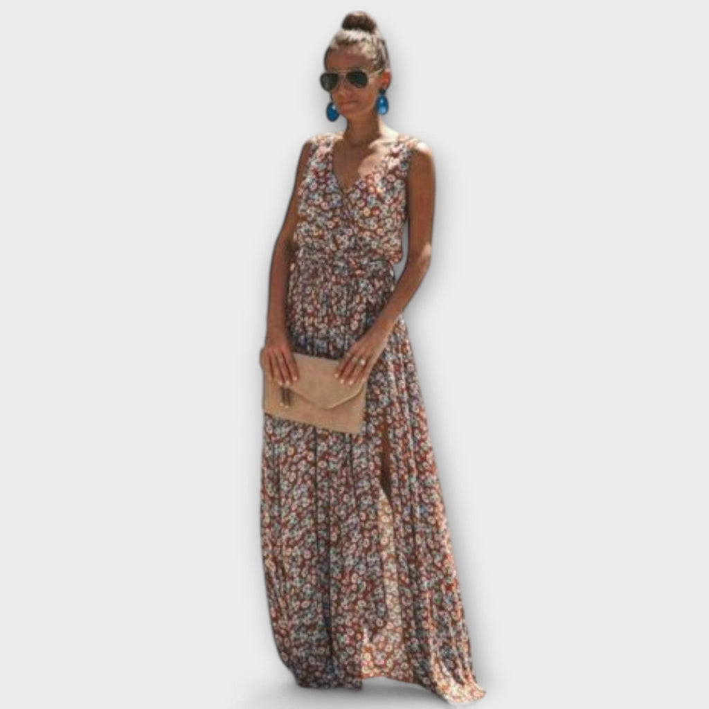 Serephina - Robe Longue Bohème Beige Imprimée