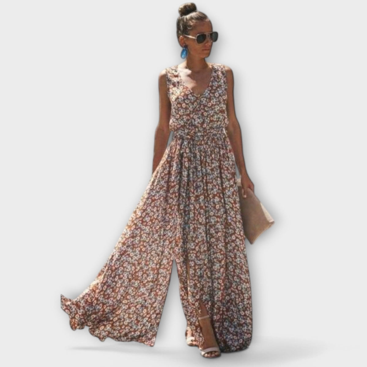 Serephina - Robe Longue Bohème Beige Imprimée