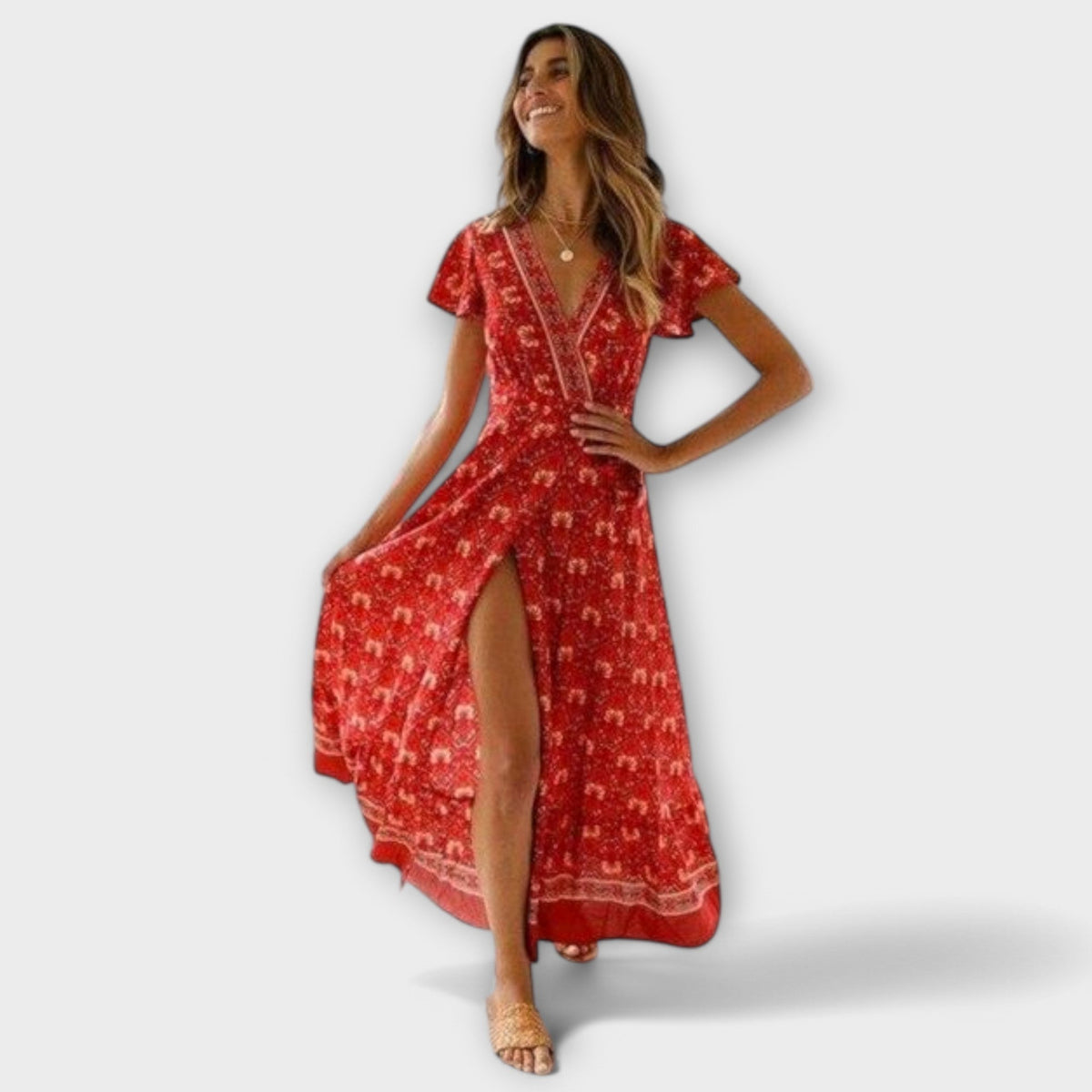 Briony - Robe Midi Bohème Rouge à Motif Floral