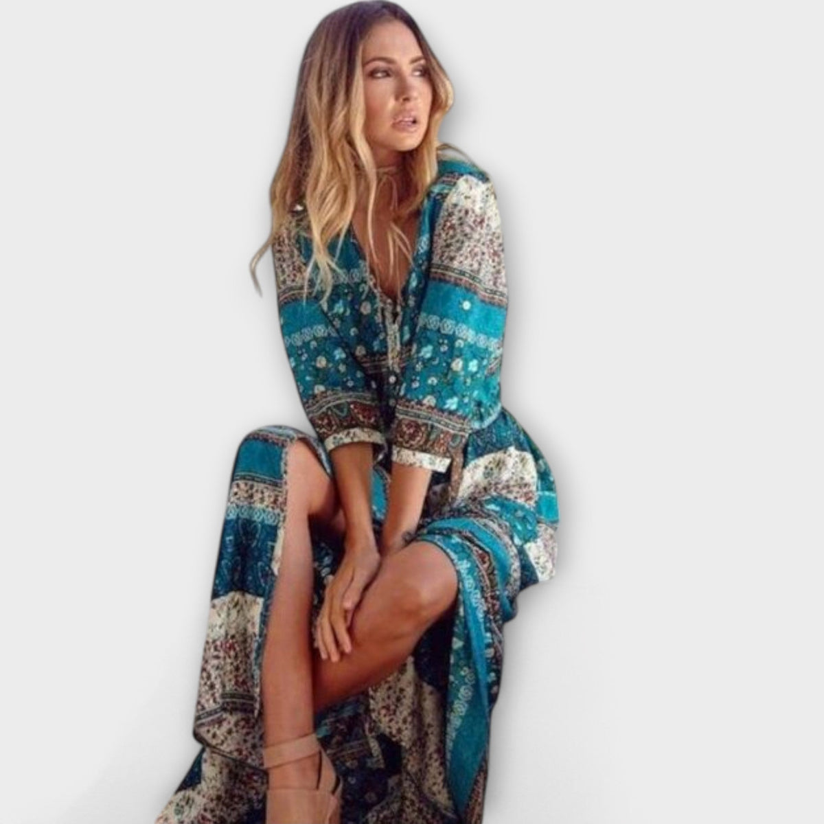 Cariba - Robe Midi Bohème Bleue à Motif