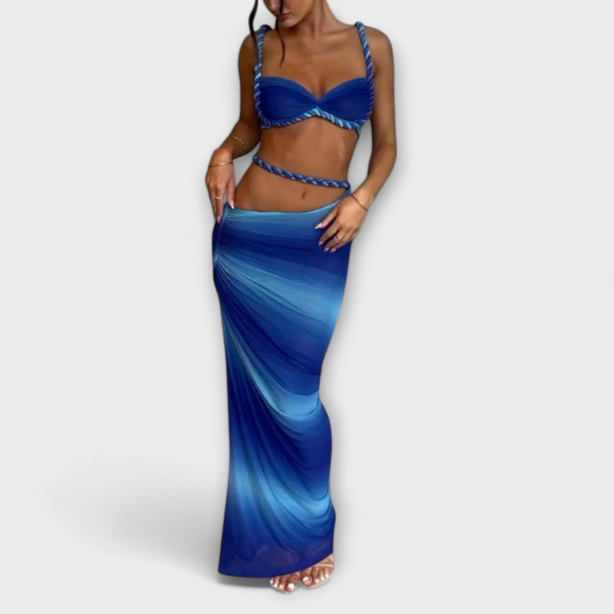 Jane - Ensemble Dégradé Bleu avec Crop-Top et Jupe